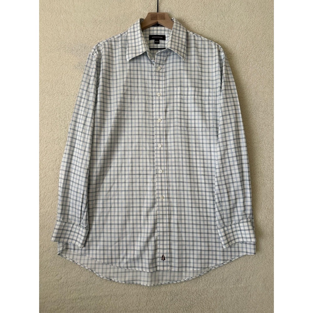 Nordstrom Dress Shirt Mens 16.5 34 White Blue Check Smartcare Wrinkle Free LS